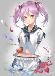 Rule 34 | 1girl, apron, arms behind back, arms behind head, bad id, bad twitter id, badge, blue sailor collar, blue skirt, commentary, cowboy shot, flower, frilled apron, frills, grey background, hair bobbles, hair ornament, highres, kantai collection, looking at viewer, pink eyes, pink hair, pleated skirt, sailor collar, sazanami (kancolle), sazanami kai (kancolle), school uniform, serafuku, short hair, signature, skirt, solo, sunday aki, symbol-only commentary, twintails, waist apron, white apron