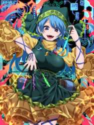 Rule 34 | + +, 1girl, :d, apron, blue hair, breasts, chisel, commentary request, cowboy shot, dress, earrings, green apron, hand up, haniyasushin keiki, head scarf, highres, holding, jewelry, juliet sleeves, large breasts, long hair, long sleeves, looking at viewer, magatama, magatama necklace, nail polish, necklace, open mouth, puffy sleeves, purple eyes, purple nails, rihito (usazukin), smile, solo, standing, touhou, wide sleeves, yellow dress