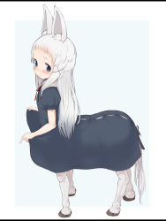 Rule 34 | 1girl, animal ears, blue dress, blue eyes, blush, centaur, child, closed mouth, clothes lift, dress, dress lift, from side, full body, gulp5959, hair ornament, hairclip, highres, hooves, horse ears, horse tail, letterboxed, long hair, looking at viewer, looking to the side, monster girl, neck ribbon, non-web source, original, puffy short sleeves, puffy sleeves, red ribbon, ribbon, short sleeves, simple background, skirt hold, smile, solo, standing, tail, taur, white hair, x hair ornament