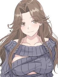 Rule 34 | 1girl, alternate costume, blue sweater, breasts, brown eyes, brown hair, collarbone, covered erect nipples, hair intakes, highres, jintsuu (kancolle), kantai collection, ken (shutenndouji1), large breasts, long hair, off-shoulder sweater, off shoulder, simple background, smile, solo, sweater, upper body, white background