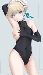 Rule 34 | 1girl, 4jiri, arm up, armpits, bare shoulders, black gloves, black leotard, blonde hair, blue archive, blue ribbon, breasts, bun cover, closed mouth, clothing aside, commentary request, covered navel, elbow gloves, fingerless gloves, gloves, hair bun, highleg, highleg leotard, highres, leotard, leotard aside, leotard pull, looking at viewer, maid headdress, medium breasts, nipples, one breast out, pulling own clothes, ribbon, short hair, simple background, solo, toki (blue archive)