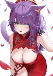 Rule 34 | 1girl, absurdres, animal ears, bare shoulders, blue eyes, breasts, cat ears, cat girl, cat tail, cleavage, commission, dress, facial mark, final fantasy, final fantasy xiv, highres, large breasts, leaning forward, long hair, miqo&#039;te, open mouth, original, petals, purple hair, red dress, shhilee, simple background, skeb commission, sleeveless, sleeveless dress, smile, solo, tail, whisker markings, white background