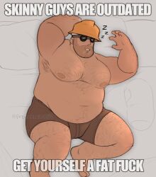 1boy alternate_body_size armpit_hair bara belly engineer_(tf2) english_text fat fat_man feet_out_of_frame frenchoniontf2 from_above get_yourself_a_fat_fuck_(meme) goggles hard_hat helmet highres impact_(font) large_pectorals lying male_focus meme nipples on_back pectorals sleeping solo stomach team_fortress_2 topless_male