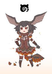 Rule 34 | 10s, 1girl, bare shoulders, bazelgeuse, bioluminescence, black hair, boots, clenched hands, commentary request, full body, fur collar, gauntlets, glowing, gooster, hand on own hip, head wings, japari symbol, kemono friends, medium hair, monster hunter (series), monster hunter: world, no nose, open mouth, outstretched arm, personification, red hair, scales, solo, standing, tail, v-shaped eyebrows, vest, wings
