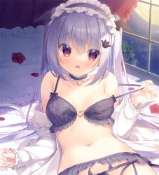 Rule 34 | 1girl, bat hair ornament, black bra, black hairband, black panties, blush, bra, breasts, commentary request, flower, frilled hairband, frilled pillow, frilled sleeves, frills, full moon, garter belt, grey hair, hair ornament, hairband, hand up, indoors, long hair, long sleeves, looking at viewer, moon, navel, open clothes, open mouth, open shirt, original, panties, panties over garter belt, petals, pillow, pulled by self, red eyes, red flower, red rose, rose, shirt, small breasts, solo, strap pull, twintails, underwear, very long hair, white shirt, window, yukie (peach candy)