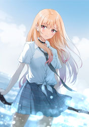 Rule 34 | 1girl, absurdres, black choker, blonde hair, blue necktie, blue skirt, blush, choker, cloud, colored tips, earrings, floating hair, hair between eyes, highres, jewelry, kitagawa marin, light particles, light smile, long hair, miniskirt, multicolored hair, multiple earrings, necktie, nonbire, ocean, parted lips, pink hair, pleated skirt, red eyes, school uniform, shirt, skirt, sky, solo, sono bisque doll wa koi wo suru, standing, tied shirt, white shirt