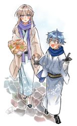 Rule 34 | 2boys, :d, :o, black footwear, black gloves, black sash, blue kimono, blue scarf, boots, box, brown hair, brown jacket, bungou to alchemist, full body, furoshiki, gloves, hair between eyes, haori, holding, holding box, holding hands, izumi kyouka (bungou to alchemist), jacket, japanese clothes, kimono, leaf print, looking at another, male focus, multiple boys, open mouth, pointing, purple eyes, purple scarf, sash, satomi ton (bungou to alchemist), scarf, short hair, short hair with long locks, signature, simple background, smile, snowflake print, stone walkway, striped clothes, striped jacket, tasikanakoto, walking, white background, white footwear, white gloves, yellow eyes