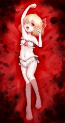 Rule 34 | 1girl, alternate costume, bare legs, barefoot, blonde hair, breasts, cinderella bust, feet, highres, hoshibuchi, looking at viewer, lying, midriff, navel, on back, one eye closed, red eyes, ribbon-trimmed underwear, ribbon trim, rumia, short hair, skinny, small breasts, solo, stomach, tears, touhou, underwear, underwear only, yawning