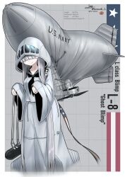 Rule 34 | 1girl, absurdres, aircraft, black neckerchief, black sailor collar, blunt bangs, breasts, character name, covered eyes, dirigible, english text, grey hair, highres, long hair, long sleeves, machinery, mecha musume, medium breasts, neckerchief, original, personification, sailor collar, smile, solo, teisei sagishi, united states navy, very long hair, wide sleeves