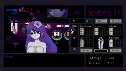 Rule 34 | 1girl, black eyes, breasts, colored skin, crossover, english text, expressionless, flower, long hair, omori, oneshko, original, parody, purple flower, sewerslvt, small breasts, solo, style parody, va-11 hall-a, very long hair, white skin