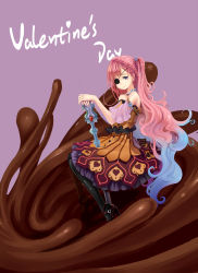 Rule 34 | bare shoulders, blue hair, chocolate, dress, eyepatch, gradient hair, hair ornament, heart, heart-shaped pupils, high heels, highres, jewelry, long hair, multicolored hair, necklace, necolab, original, pantyhose, pink hair, purple eyes, shoes, solo, staff, symbol-shaped pupils, valentine, very long hair