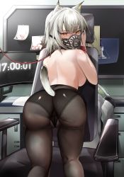 Rule 34 | 1girl, animal collar, animal ears, arknights, ass, back, backboob, bdsm, black collar, black panties, black pantyhose, blush, bondage, bound, bound wrists, breasts, bulletin board, cameltoe, cat ears, cat girl, cat tail, chair, chinese commentary, coat, collar, computer, desk, feet out of frame, from behind, glaring, green eyes, hair between eyes, highres, kal&#039;tsit (arknights), kneeling, lace, lace-trimmed panties, lace trim, leash, looking at viewer, looking back, medium breasts, medium hair, monitor, muzzle, office chair, panties, panties under pantyhose, pantyhose, photo (object), rhodes island logo (arknights), silver hair, slave, solo, swivel chair, tabayashi, tail, topless, underwear, unworn coat, v-shaped eyebrows, white coat