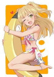Rule 34 | 1girl, :d, anklet, banana boat, bare arms, bare legs, bare shoulders, barefoot, bikini, blonde hair, bow, bracelet, commentary request, cosplay, fang, female focus, flower bikini, from side, green eyes, half updo, heart, idolmaster, idolmaster cinderella girls, jewelry, jougasaki rika, natalia (idolmaster), natalia (idolmaster) (cosplay), one eye closed, open mouth, orange background, simple background, smile, solo, swimsuit, twintails, two side up, youhei (testament)