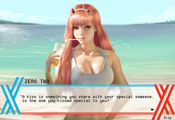 Rule 34 | 10s, 1girl, beach, bikini, blue sky, breasts, cleavage, cup, darling in the franxx, day, drinking straw, horns, lake, looking at viewer, outdoors, pink hair, raphire, realistic, sky, solo, swimsuit, upper body, zero two (darling in the franxx)