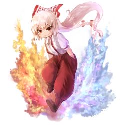 Rule 34 | 1girl, bow, closed mouth, fujiwara no mokou, full body, hair bow, hands in pockets, highres, long hair, looking at viewer, netamaru, pants, red eyes, shirt, shoes, smile, solo, touhou, transparent background, very long hair, white bow, white hair, white shirt