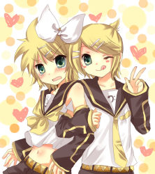 Rule 34 | 1boy, 1girl, :q, bad id, bad pixiv id, blonde hair, blush, blush stickers, brother and sister, cosplay, costume switch, crossdressing, embarrassed, green eyes, kagamine len, kagamine rin, midriff, mitsu yomogi, one eye closed, siblings, tears, tongue, tongue out, trap, twins, v, vocaloid, wink