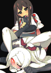 Rule 34 | 10s, 2girls, abyssal ship, akagi (kancolle), armored aircraft carrier princess, ass, black background, black gloves, black legwear, black panties, blush, bow, brown eyes, brown hair, colored skin, elbow gloves, feet, licking foot, girl on top, gloves, glowing, glowing eyes, hair bow, hands on feet, highleg, highleg panties, itsumo nokoru, japanese clothes, kantai collection, licking, long hair, multiple girls, muneate, no shoes, one eye closed, pale skin, panties, personification, red eyes, soles, tears, thighhighs, toes, tongue, tongue out, underwear, white hair, white legwear, white skin, wince, yuri