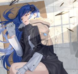 Rule 34 | 1girl, arknights, black coat, blue hair, breasts, closed eyes, coat, crack, cracked floor, demon horns, detached wings, eyelashes, feet out of frame, from above, fur-trimmed hood, fur trim, glint, gloves, highres, hood, hood down, hooded coat, horns, lips, long hair, long sleeves, lying, mostima (arknights), on side, open clothes, open coat, parted lips, shirt, sleeping, small breasts, solo, sunlight, thighs, tile floor, tiles, white gloves, white shirt, whoami (sok 0000), wings