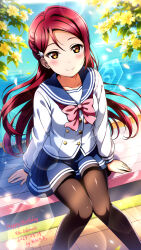 Rule 34 | 1girl, absurdres, birthday, bow, bowtie, dated, happy birthday, highres, long hair, long sleeves, looking at viewer, love live!, love live! sunshine!!, red hair, sakurauchi riko, school uniform, sitting, solo, xiaoxin041590, yellow eyes