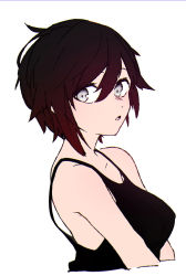Rule 34 | 1girl, breasts, brown hair, esu (transc), from side, hair between eyes, highres, medium breasts, parted lips, ruby rose, rwby, short hair, grey eyes, simple background, solo, tank top, upper body, white background