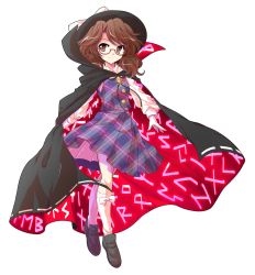 Rule 34 | 1girl, alphes (style), brown eyes, brown hair, cape, clothes writing, dairi, full body, glasses, gloves, hat, hat ribbon, loafers, long sleeves, looking at viewer, parody, plaid, plaid shirt, plaid skirt, red-framed eyewear, ribbon, shirt, shoes, skirt, skirt set, smile, socks, solo, style parody, touhou, transparent background, twintails, usami sumireko, white socks