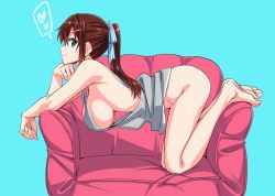 Rule 34 | 1girl, arched back, barefoot, bottomless, breasts, brown hair, chinatsu (suzutsuki kurara), commentary, commentary request, couch, feet, from side, green eyes, hair ribbon, head rest, heart, large breasts, loose clothes, loose shirt, original, ponytail, ribbon, shiny skin, shirt, sideboob, simple background, solo, spoken heart, suzutsuki kurara