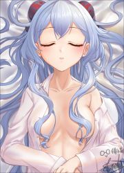Rule 34 | artist name, bed sheet, blue hair, blush, breasts, closed eyes, collarbone, convenient censoring, ganyu (genshin impact), genshin impact, highres, horns, long hair, lying, medium breasts, no bra, off shoulder, on back, open clothes, open shirt, see-through, shirt, sidelocks, sleeping, slinly, solo, unbuttoned, unbuttoned shirt, upper body, white shirt