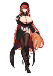 Rule 34 | apron, black gloves, breasts, chixiao, cleavage, cleavage cutout, clothing cutout, frills, full body, garter straps, gloves, gradient hair, high heels, highres, huge breasts, long hair, long sleeves, medium breasts, mole, mole on thigh, multicolored hair, orange eyes, original, red hair, smile, thighhighs, very long hair