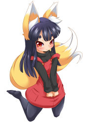 Rule 34 | 1girl, animal ears, blush, flat chest, fox ears, fox tail, long hair, looking at viewer, original, pantyhose, red eyes, simple background, smile, solo, tail, tsune-hime, ukan muri, v arms, white background