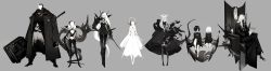 Rule 34 | 3boys, 5girls, absurdres, arm tattoo, armor, bandage over one eye, bandaged hand, bandages, black bow, black cape, black choker, black coat, black dress, black footwear, black gloves, black hair, black legwear, black nails, black vs white, bow, breasts, cape, choker, cleavage, clenched hand, closed eyes, closed mouth, coat, collarbone, contrast, crack, cross, crossed legs, dress, earrings, elbow gloves, facial scar, fingernails, fishnet legwear, fishnets, floating, flower, glasses, glint, gloves, glowing, glowing horns, gradient gloves, gradient legwear, grey background, grey hair, grey legwear, hair between eyes, hair bow, hair over one eye, half-closed eyes, halo, hammer, hand on own hip, headgear, highres, holding, holding hammer, holding paper, holding sword, holding weapon, horns, jewelry, long hair, looking at viewer, looking to the side, mask, monster, multicolored clothes, multicolored gloves, multiple boys, multiple girls, nail polish, neckerchief, necktie, off shoulder, open clothes, open coat, open mouth, original, pantyhose, paper, parted lips, pauldrons, pointy ears, ribbon, scar, scar on cheek, scar on face, shoulder armor, simple background, single earring, single glove, single pauldron, sitting, sketch, slit pupils, smile, socks, sparkle, spikes, standing, sword, tail, tattoo, throne, thumb ring, torn, torn cape, torn clothes, torn dress, very long hair, viiiper, wariza, weapon, white cape, white dress, white eyes, white flower, white gloves, white hair, white horns, white neckerchief, writing, yellow eyes, zipper