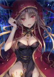 Rule 34 | 1girl, adjusting hood, asymmetrical legwear, asymmetrical sleeves, between breasts, black cape, black thighhighs, blonde hair, blush, bow, breasts, buckle, cape, cleavage, detached collar, earrings, ereshkigal (fate), fate/grand order, fate (series), fur-trimmed cape, fur trim, gluteal fold, hair ribbon, highres, hood, hood up, hooded cape, infinity symbol, inoue takuya (tactactak), jewelry, long hair, looking at viewer, medium breasts, multicolored cape, multicolored clothes, necklace, open mouth, parted bangs, red cape, red eyes, red ribbon, ribbon, single sleeve, single thighhigh, skull, smile, solo, spine, thighhighs, tiara, two side up, uneven legwear, uneven sleeves, yellow cape
