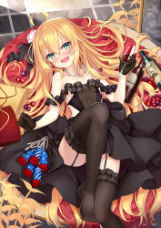 Rule 34 | 1girl, :d, ahoge, albacore (azur lane), albacore (beneath the black dress) (azur lane), ass, azur lane, bare shoulders, bead necklace, beads, black dress, black thighhighs, blonde hair, bottle, clothing cutout, convenient leg, cup, dress, drinking glass, frilled dress, frills, garter straps, green eyes, hair ornament, hair spread out, highres, holding, jewelry, knee up, long hair, looking at viewer, lying, necklace, no shoes, off-shoulder dress, off shoulder, on back, open mouth, panties, side-tie panties, side cutout, smile, solo, thighhighs, tot (zhxto), underwear, wine bottle, wine glass