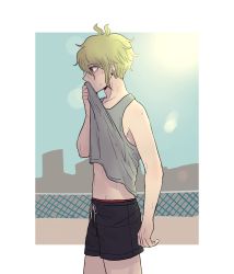 Rule 34 | 1boy, alternate costume, amami rantaro, antenna hair, bare arms, bare shoulders, black shorts, blonde hair, border, clothes lift, collarbone, cowboy shot, danganronpa (series), danganronpa v3: killing harmony, dangyu (danganpa), earrings, fence, from side, green background, green eyes, green hair, grey shirt, hair between eyes, hand up, highres, jewelry, lifting own clothes, male focus, midriff, navel, outside border, profile, shirt, shirt lift, short hair, shorts, sleeveless, solo, standing, stomach, sweat, tank top