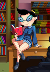Rule 34 | 1girl, absurdres, arabatos, black eyes, black hair, blush, book, bookcase, breasts, cameltoe, chair, cleft of venus, closed mouth, collar, commission, commissioner upload, crossed legs, cuffs, desk, drawer, dress, dress skirt, english text, eyelashes, facing viewer, full body, glasses, hair ornament, hey arnold!, highres, huge filesize, indoors, knob, library, looking at viewer, miniskirt, nickelodeon, no socks, on table, panties, pantyshot, phoebe heyerdahl, scrunchie, shoes, sitting, skirt, small breasts, smile, solo, table, thighs, underwear, white panties