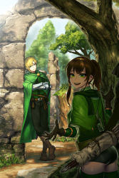 Rule 34 | absurdres, arrow (projectile), belt, blonde hair, boots, brown footwear, brown gloves, brown hair, cain (gunnermul), cloak, closed mouth, crack, crossed arms, fantasy, forest, gauntlets, gloves, grass, green cloak, green eyes, green legwear, green scarf, green theme, hairband, highres, leaning, looking at another, looking at viewer, nature, open mouth, original, outdoors, ponytail, pouch, quiver, scarf, sheath, sheathed, smile, standing, sweat, sweatdrop, sword, teeth, tree, turtleneck, weapon