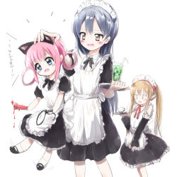 Rule 34 | &gt;:o, 10s, 3girls, :o, animal ears, black hair, blue eyes, blush, brown eyes, brown hair, candle, crossover, cup, detached sleeves, drinking glass, drinking straw, fake animal ears, hair rings, head grab, long hair, love live!, love live! school idol project, maid, maid headdress, mimori suzuko, multiple crossover, multiple girls, myucel foalan, open mouth, outbreak company, pink hair, pointy ears, sherlock shellingford, sonoda umi, tantei opera milky holmes, tray, v-shaped eyebrows, voice actor connection, whip, yoshi@highland