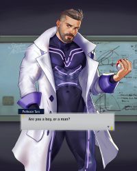 Rule 34 | 1boy, artist name, bara, beard, black bodysuit, bodysuit, bulge, character name, closed mouth, coat, creatures (company), dialogue box, facial hair, game freak, hand in pocket, highres, holding, holding poke ball, lab coat, large pectorals, male focus, manly, muscular, muscular male, nintendo, open clothes, open coat, pectorals, poke ball, pokemon, pokemon sv, purple bodysuit, short hair, solo, stephendraws, turo (pokemon), two-tone bodysuit, undercut