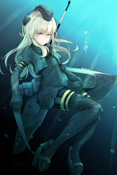 Rule 34 | 1girl, absurdres, bad id, bad pixiv id, blonde hair, blue eyes, closed mouth, commentary request, cropped jacket, full body, garrison cap, gloves, hat, headgear, highres, kantai collection, kumanoko, long hair, long sleeves, military, puffy long sleeves, puffy sleeves, rigging, solo, swimsuit, swimsuit under clothes, u-511 (kancolle), underwater, water