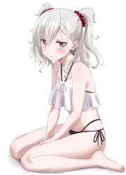 Rule 34 | 1girl, barefoot, bikini, black bikini, blush, closed mouth, commentary request, eyes visible through hair, full body, hair ornament, hair scrunchie, highres, komagome azuzu, legs, looking at viewer, red eyes, red scrunchie, scrunchie, senyoku no sigrdrifa, short hair, simple background, sincos, sitting, solo, swimsuit, thighs, two side up, wariza, white background, white hair