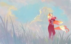 Rule 34 | 1girl, animal ears, blue eyes, blue sky, cloud, commentary, day, ear covers, full body, grass, hairband, highres, horse ears, horse girl, horse tail, jacket, long hair, long sleeves, looking at viewer, nicporim, orange hair, outdoors, pants, red jacket, red pants, silence suzuka (umamusume), sky, solo, stretching, tail, track jacket, track pants, umamusume, white hairband