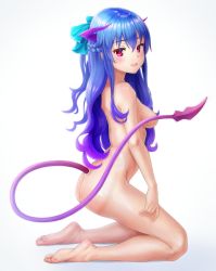 Rule 34 | 1girl, ass, barefoot, blue hair, blush, bow, braid, breasts, convenient censoring, demon horns, demon tail, feet, french braid, gradient hair, hair bow, hair ribbon, highres, horns, kneeling, multicolored hair, nude, original, pink eyes, purple hair, ribbon, shinno, simple background, smile, soles, solo, tail, toes