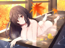 Rule 34 | 1girl, amrita (amber78gou), arched back, ass, autumn, autumn leaves, bath, bathing, blurry, blush, breasts, brown eyes, brown hair, collarbone, commentary request, depth of field, eyelashes, falling leaves, hair between eyes, hanging breasts, head tilt, highres, idolmaster, idolmaster shiny colors, kneeling, large breasts, leaf, leaning forward, long hair, looking at viewer, lying, maple leaf, nude, on stomach, onsen, open mouth, partially submerged, rubber duck, sidelocks, solo, steam, swept bangs, thighs, tsukioka kogane, water, water censor