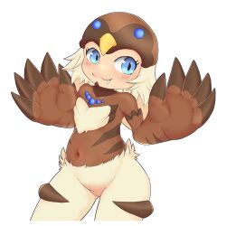 Rule 34 | 1girl, bird hat, bird legs, blonde hair, blue eyes, blush, brown wings, commentary request, covered navel, duel monster, fang, feather fingers, harpy, highres, long hair, lyrilusc - cobalt sparrow, monster girl, simple background, solo, suzuki (pixiv 94103823), white background, winged arms, wings, yu-gi-oh!