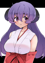 Rule 34 | 1girl, :3, breasts, closed mouth, hakama, hanyuu, highres, higurashi no naku koro ni, horns, japanese clothes, large breasts, letterboxed, long28, long hair, looking at viewer, miko, purple eyes, purple hair, red hakama, smile, solo, upper body, white background