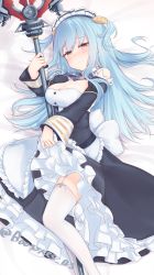 Rule 34 | 1girl, apron, artist name, azur lane, back bow, bare shoulders, blue dress, blue hair, bow, breasts, busaikusu (boosykes), clam shell, cleavage, clothes lift, dakimakura (medium), detached sleeves, dress, feet out of frame, framed breasts, frilled apron, frilled dress, frills, garter belt, garter straps, headband, highres, holding, holding weapon, long hair, looking at viewer, medium breasts, neptune (azur lane), polearm, skirt, skirt lift, solo, thighhighs, trident, weapon, white apron, white bow, white headband, white thighhighs, yellow eyes