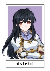 Rule 34 | 1girl, ahoge, armor, astrid (fire emblem), black gloves, black hair, breastplate, commentary request, fingerless gloves, fire emblem, fire emblem: path of radiance, gloves, highres, long hair, looking at viewer, nintendo, pauldrons, purple shirt, red eyes, shirt, shoulder armor, silvercandy gum, smile, solo, upper body, very long hair