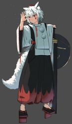 Rule 34 | 1girl, absurdres, animal ear fluff, animal ears, black legwear, closed mouth, facepaint, flip-flops, full body, grey background, highres, holding, holding sword, holding weapon, inubashiri momiji, iroiro yaru hito, japanese clothes, long sleeves, looking at viewer, red eyes, sandals, shield, short hair, simple background, solo, standing, sword, tail, touhou, weapon, white hair, wolf ears, wolf girl, wolf tail