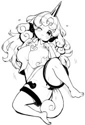 Rule 34 | 1girl, ;3, absurdres, barefoot, closed mouth, collared shirt, commentary request, curly hair, full body, high contrast, highres, himajin noizu, horns, komano aunn, long hair, looking at viewer, lying, monochrome, on back, one eye closed, shirt, shorts, simple background, single horn, solo, tail, touhou