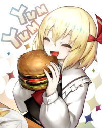 Rule 34 | 1girl, :d, ^ ^, ascot, blonde hair, blouse, burger, closed eyes, collar, collared shirt, commentary, eating, english text, closed eyes, food, food bite, french fries, frilled collar, frills, hair between eyes, hair ribbon, highres, long sleeves, open mouth, plate, puffy long sleeves, puffy sleeves, red ascot, red ribbon, ribbon, shirt, short hair, skirt, skirt set, smile, solo, spark621, sparkle, touhou, upper body, white shirt
