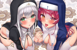 Rule 34 | 2girls, black dress, black hat, blue dress, blue hat, blush, breast curtains, breasts, cleavage, dress, garter straps, green eyes, grey hair, habit, hat, heterochromia, highres, holding hands, hololive, houshou marine, houshou marine (nun), large breasts, looking at viewer, mao (mawodec), multiple girls, official alternate costume, open mouth, panties, piercing, red eyes, red hair, shirogane noel, shirogane noel (nun), thighhighs, tongue, tongue out, tongue piercing, underwear, virtual youtuber, white garter straps, white panties, white thighhighs, yellow eyes